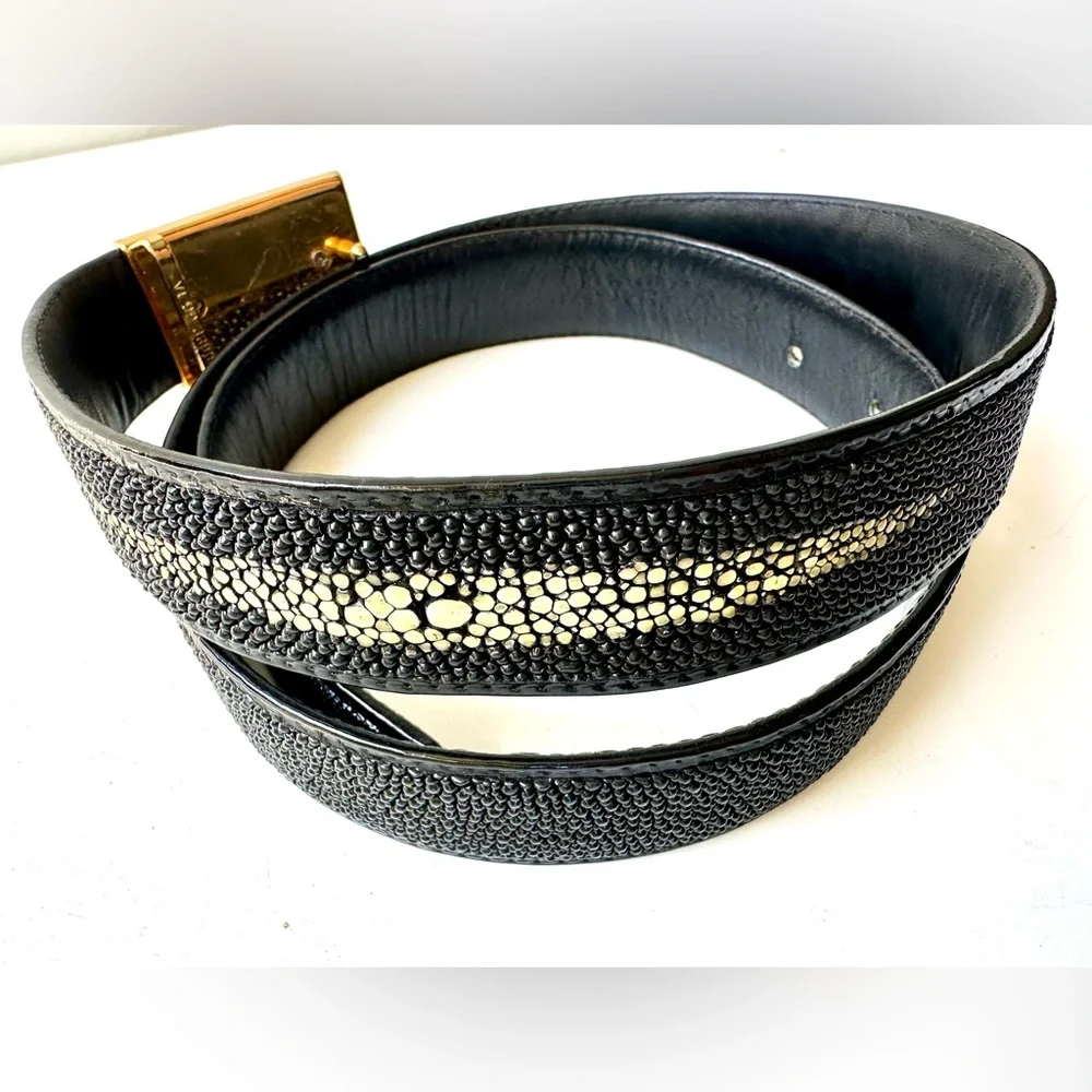 Stingray Skin Black Textured Belt with Gold & Silver Buckle 34” Unisex